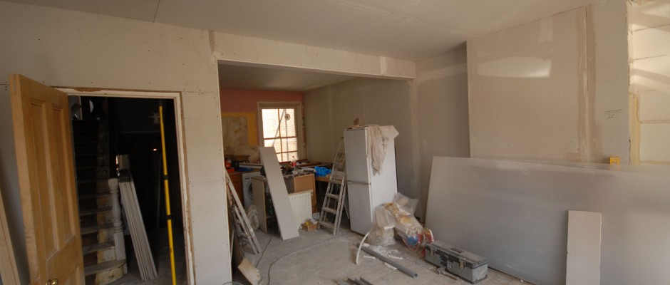 The kitchen / living room area - which has been plaster boarded out