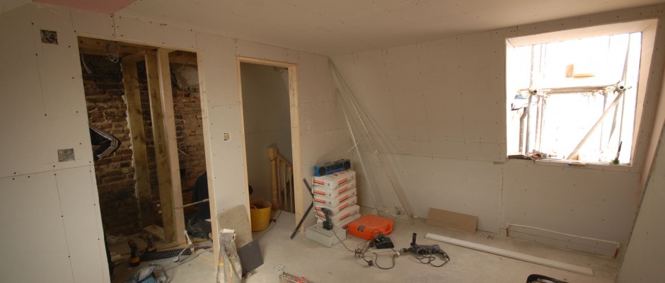 The loft room has been plaster boarded (the en-suite is on the left)