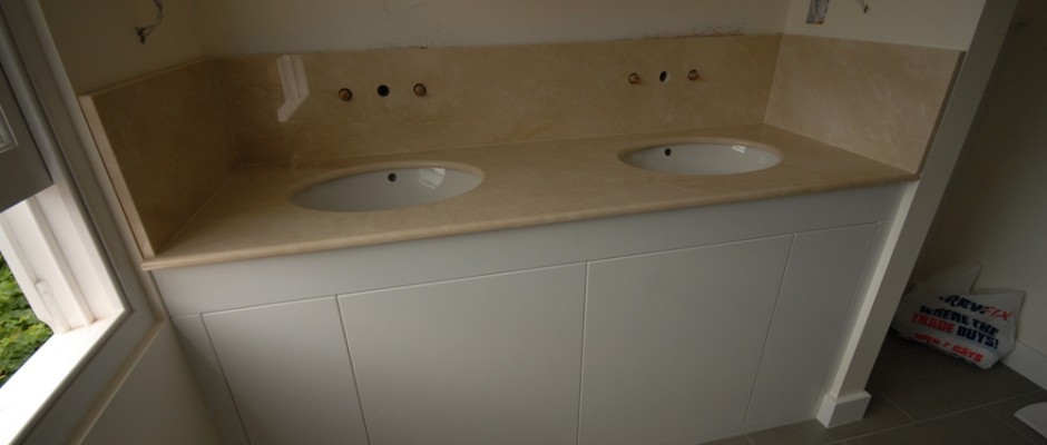 The finished marble top on the bespoke 'his-and-hers' basin