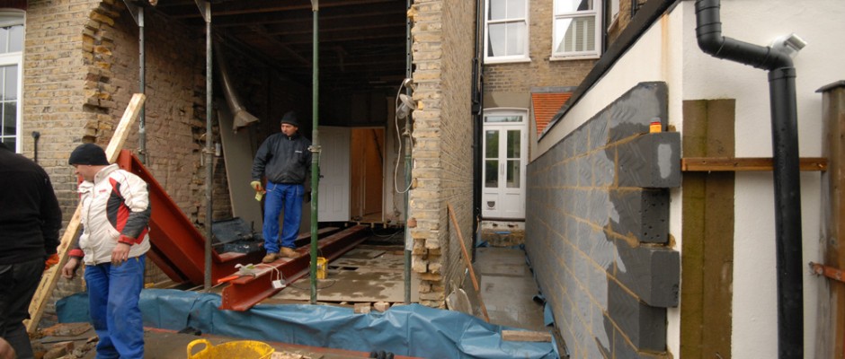 Propping up the rest of the house - preparing to fit the steels