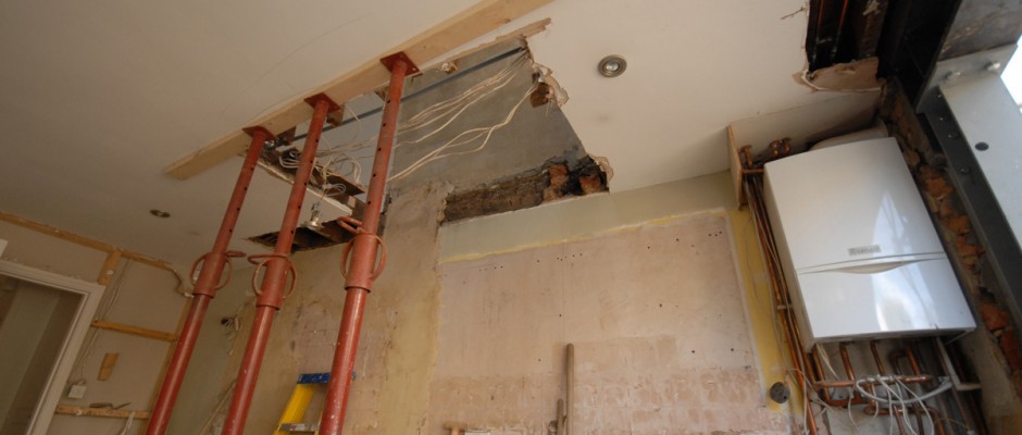 The chimney breast has been removed in the kitchen - we still have to extend the ceiling / floor joists to cover the hole.